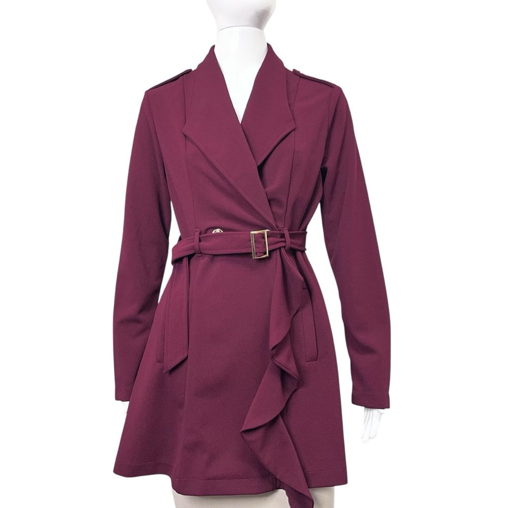 NWT Fashion Nova Paris Lights Ruffle Trench Burgundy Wrap Belted Jacket Size L